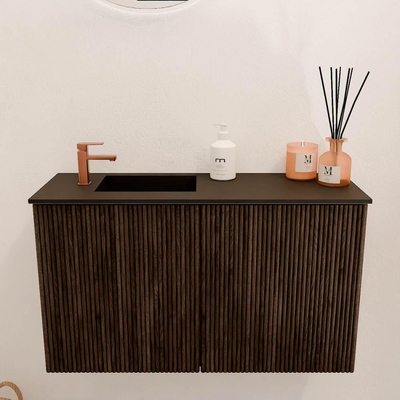 Mondiaz JOYA 70cm toiletmeubel - kleur Walnut - Wastafel FAYE positie Links 1 kraangat kleur Urban.