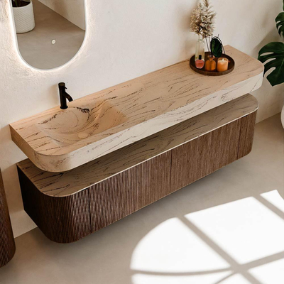 MONDIAZ THOR-DLUX 180cm meuble de salle de bains arrondi gauche + droite couleur Walnut avec 2 tiroirs et 2 portes. Vasque suspendue CLOUD Gauche 1 trou de robinet couleur Arena.