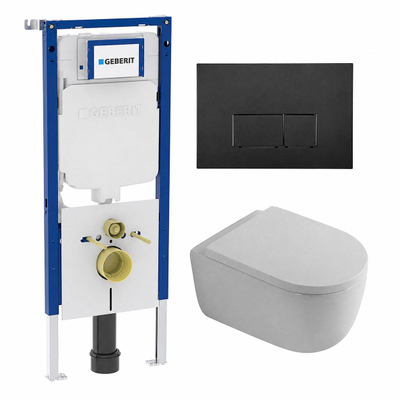 QeramiQ Dely Swirl Toiletset - 36.3x51.7cm - diepspoel - rimless - Geberit UP720 Duofix Sigma inbouwreservoir - 35mm zitting - mat zwarte metalen bedieningsplaat - rechtehoekige knoppen - mat wit