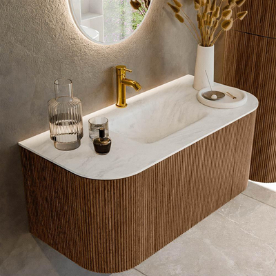 MONDIAZ KURVE-DLUX 100cm Meuble salle de bain avec module 25 G et D - couleur Walnut - 1 tiroir - 2 portes - vasque GRUNNE centre - 1 trou de robinet - couleur Opalo