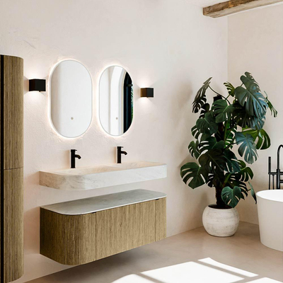 MONDIAZ THOR-DLUX Meuble de salle de bains 120cm arrondi gauche + droite couleur Dusk avec 1 tiroir et 2 portes. Vasque suspendue CLOUD Double 2 trous de robinet couleur Opalo.