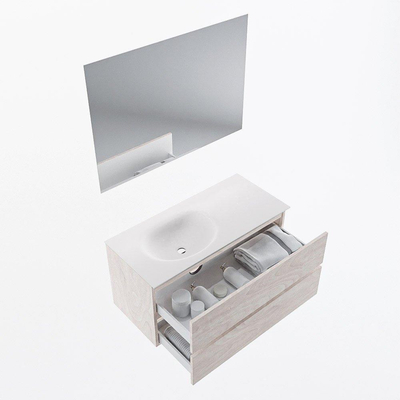 Mondiaz VICA ensemble de meuble de salle de bain - 100cm - meuble sous vasque en aggloméré - 2 tiroirs - lavabo moon gauche - 1 trou de robinet - couleur talc - miroir LED - version XL 60cm de haut