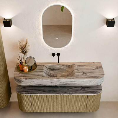 MONDIAZ THOR-DLUX Meuble de salle de bains - 140cm - arrondi gauche + droite - couleur Dusk - 1 tiroir et 2 portes - Vasque suspendue CLOUD Milieu sans trou de robinet - couleur Sombra