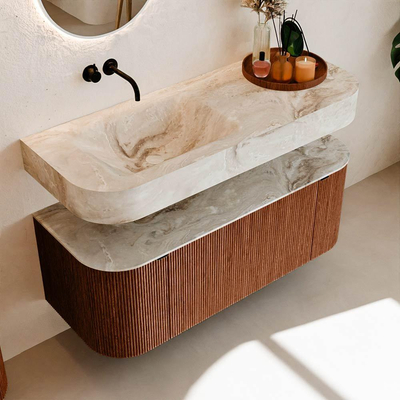 MONDIAZ THOR-DLUX 120cm meuble de salle de bains arrondi gauche + droite couleur Ruby avec 1 tiroir et 2 portes. Vasque suspendue CLOUD Gauche sans trou de robinet couleur Frappe.