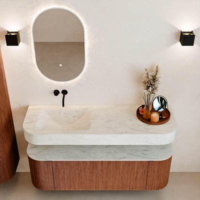 MONDIAZ THOR-DLUX 140cm meuble de salle de bains arrondi gauche + droite couleur Ruby avec 1 tiroir et 2 portes. Vasque suspendue CLOUD Gauche sans trou de robinet couleur Opalo.