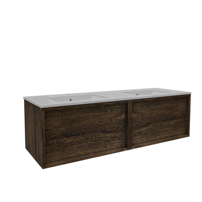 Saniclass Holz Frame Meuble de salle de bain - 140x45x40cm - lavabo en céramique blanc - 2 vasques - 2 trous de robinet - 2 tiroirs - Charcoal