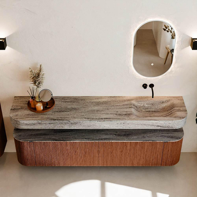 MONDIAZ THOR-DLUX 200cm meuble de salle de bains arrondi gauche + droite couleur Ruby avec 2 tiroirs et 2 portes. Vasque suspendue CLOUD Droite sans trou de robinet couleur Oza.