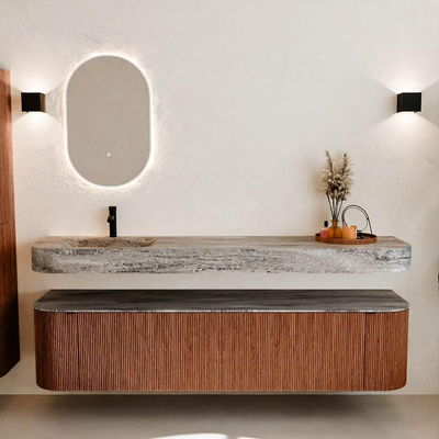 MONDIAZ THOR-DLUX 190cm meuble de salle de bains arrondi gauche + droite couleur Ruby avec 2 tiroirs et 2 portes. Vasque suspendue CLOUD Gauche 1 trou de robinet couleur Oza.