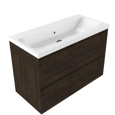 Saniclass Holz Pure Ensemble meuble de salle de bains - 100x45x63.5cm - lavabo Bari en céramique blanc - 1 vasque - sans trou de robinet - 2 tiroirs - chêne charcoal mat (bois)