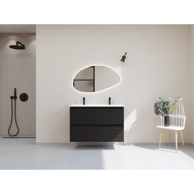 HR badmeubelen Infinity XXL 3D Ensemble meuble de salle de bains - 100 cm - 1 lavabo en céramique thin blanc mat - 2 trous de robinet - 2 tiroirs - noir mat