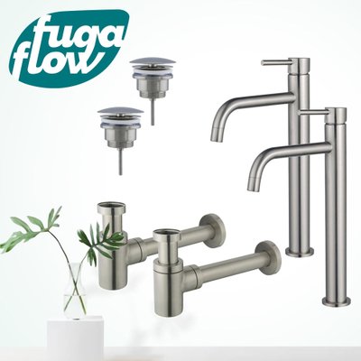 FugaFlow Eccelente Sobrado Badkamer Slim Wastafelkraanset - voor dubbele wastafel - verhoogde wastafelkraan - always open plug - verlaagde design sifon - PVD Geborsteld RVS