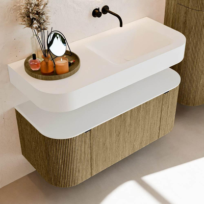 MONDIAZ THOR Meuble de salle de bains - 110cm - arrondi gauche + droite - couleur Dusk - 1 tiroir - 2 portes - Vasque suspendue CLOUD droite sans trou de robinet - couleur Talc