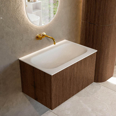 MONDIAZ KURVE Meuble de salle de bains 70 cm couleur Walnut avec 1 tiroir. Lavabo BIG SMALL centré sans trou de robinet Talc.