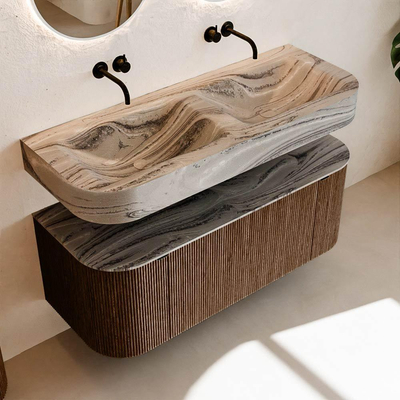 MONDIAZ THOR-DLUX 120cm meuble de salle de bains arrondi gauche + droite couleur Walnut avec 1 tiroir et 2 portes. Vasque suspendue CLOUD Double sans trou de robinet couleur Sombra.