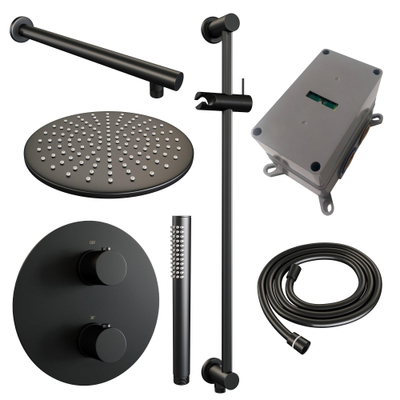 BRAUER Black Edition thermostatische Inbouw Regendouche - 3-weg - rond - set 86 - 30cm hoofddouche - rechte muurarm - staaf handdouche - doucheslang - geïntegreerde glijstang - mat zwart