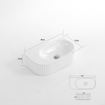 Fugaflow Eccelente Pietra Fontaine - 40x22x12cm - Cannelé - demi-ronde - sans trou de robinet - Céramique - Blanc brillant