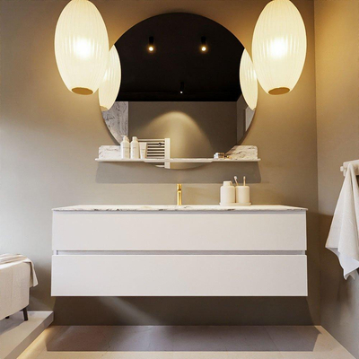 Mondiaz VICA-DLUX Ensemble de meuble de salle de bain - 150cm - meuble sous-vasque talc - 2 tiroirs - lavabo encastrée cloud milieu - 1 trou de robinet - version haute de 60cm - glace