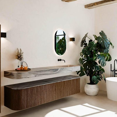 MONDIAZ THOR-DLUX Meuble de salle de bains - 200cm - arrondi gauche + droite - couleur Walnut - 2 tiroirs et 2 portes - Vasque suspendue CLOUD Droite sans trou de robinet - couleur Sombra