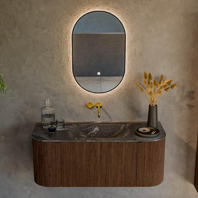 MONDIAZ KURVE-DLUX 110cm badmeubel met module 25 Len R kleur Walnut met 1 lade en 2 deuren. Wastafel CLOUD midden zonder kraangat kleur Lava.