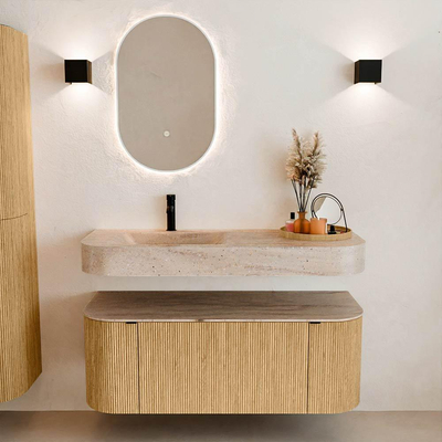 MONDIAZ THOR-DLUX 120cm badmeubel ronding links + rechts kleur Oak met 1 lade en 2 deuren. Vrijhangende wastafel CLOUD Links 1 kraangat kleur Saba.