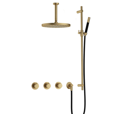 Hotbath Cobber IBS70 Regendoucheset - inbouw - 15cm plafondarm - 30cm ronde hoofddouche - staafhanddouche - glijstang - geborsteld messing goud
