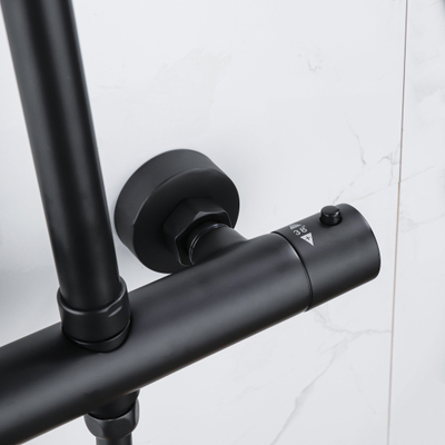 FugaFlow Eccelente Ensemble de douche de tête - thermostatique - douche de tête 30cm - flexible lisse - douchette à main sur barre - noir mat