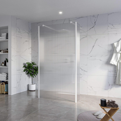 FugaFlow Eccelente Vetro Douche à l'italienne - 110x200cm - verre clair nervuré - anticalcaire - verre de sécurité 8mm - 2 parois latérales 30cm - avec bras muraux et profilés d'angle - Blanc mat