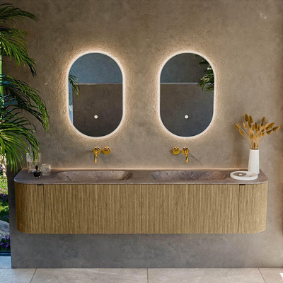 MONDIAZ KURVE-DLUX 200cm meuble de salle de bains arrondi Gauche + Droite couleur Dusk avec 2 tiroirs et 2 portes. Lavabo STOR SMALL Double sans trou de robinet Oza.