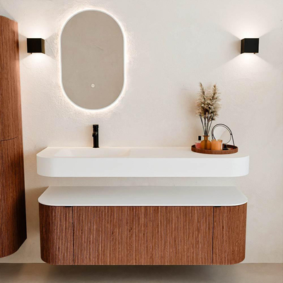 MONDIAZ THOR 140cm meuble de salle de bains arrondi gauche + droite couleur Ruby avec 1 tiroir et 2 portes. Vasque suspendue CLOUD gauche 1 trou de robinet couleur Talc.