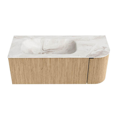 MONDIAZ KURVE-DLUX meuble de salle de bains 115 cm avec module 25 R couleur Oak avec 1 tiroir et 1 porte. Lavabo BIG SMALL gauche sans trou de robinet couleur Frappe.