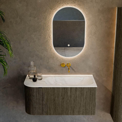 Mondiaz KURVE-DLUX Badkamermeubelset - 95x46x40cm - 1 lade - 1 deur - wastafel solid surface - rechts - zonder kraangat - Shadow