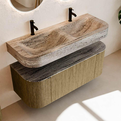 MONDIAZ THOR-DLUX 120cm meuble de salle de bains arrondi gauche + droite couleur Dusk avec 1 tiroir et 2 portes. Vasque suspendue CLOUD Double 2 trous de robinet couleur Oza.