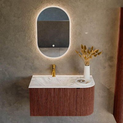 Mondiaz KURVE-DLUX Ensemble de meuble salle de bain - 85x46x40cm - 1 tiroir - 1 porte - lavabo en solid surface - gauche - 1 trou de robinet - Ruby