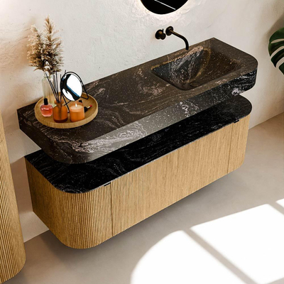 MONDIAZ THOR-DLUX 140cm meuble de salle de bains arrondi gauche + droite couleur Oak avec 1 tiroir et 2 portes. Vasque suspendue CLOUD droite sans trou de robinet couleur Lava.