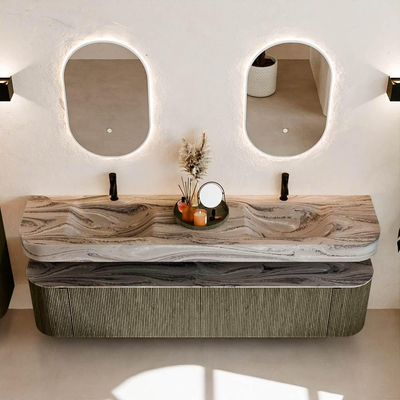 MONDIAZ THOR-DLUX 200cm meuble de salle de bains arrondi gauche + droite couleur Shadow avec 2 tiroirs et 2 portes. Vasque suspendue CLOUD Double 2 trous de robinet couleur Sombra.