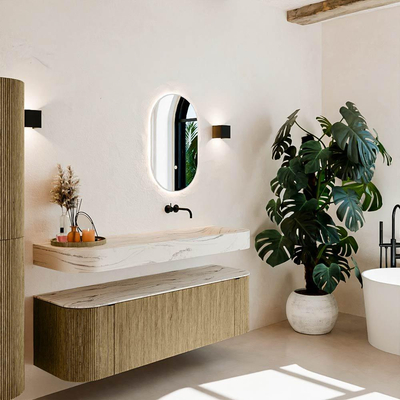 MONDIAZ THOR-DLUX 150cm meuble de salle de bains arrondi gauche + droite couleur Dusk avec 1 tiroir et 2 portes. Vasque suspendue CLOUD Droite sans trou de robinet couleur Nata.