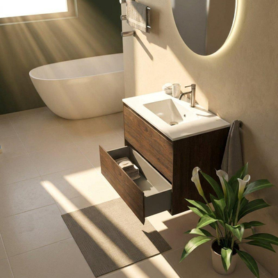 Saniclass Holz Pure Ensemble de meubles de salle de bains - 80x45x62cm - Lavabo Vygo en céramique blanc - 1 vasque - 1 trou de robinetterie - 2 tiroirs - chêne charcoal mat (bois)