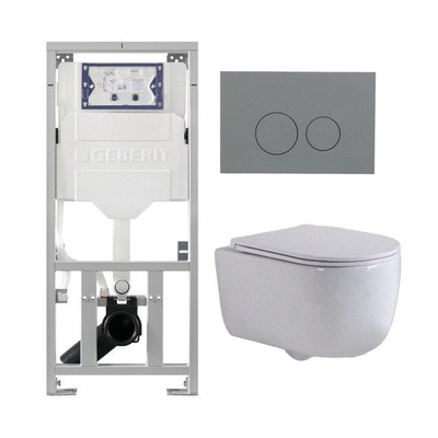 QeramiQ Dely Swirl Ensemble WC - 36.3x51.7cm - réservoir encastré Geberit UP320 - avec cadre Burda - abattant slim - plaque de commande gris clair - boutons ronds - blanc brillant