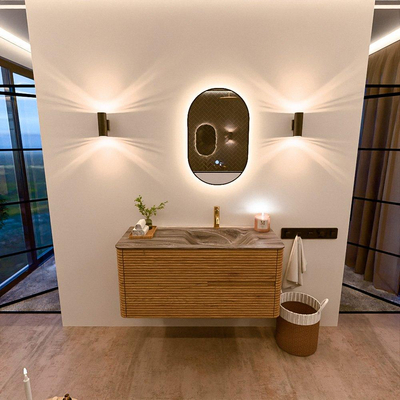 Mondiaz CIRO-DLUX Badkamermeubelset - 110x45x50cm - Solid surface wastafel Sombra - 1 wasbak Rechts - 1 kraangat - 2 lades - Oak