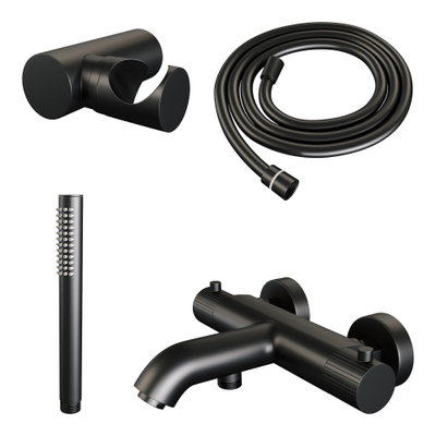BRAUER Stripe Baddouche Thermostaatkraan - SET 03 - opbouw - wandhouder - staaf handdouche - doucheslang - mat zwart