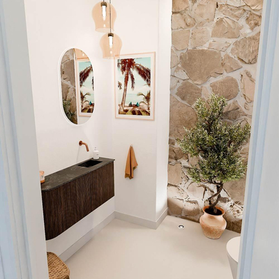 Mondiaz JOYA-DLUX 91.6cm toiletmeubel - ronding links kleur Walnut - Wastafel FAYE positie Rechts Zonder kraangat kleur Lava.