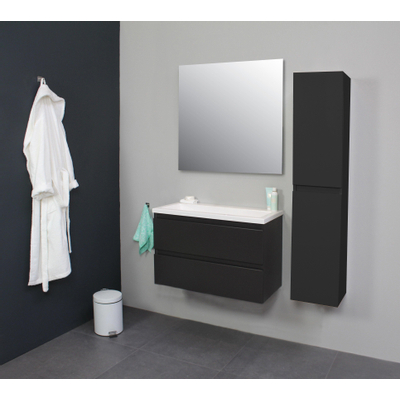 Basic Line Bella Ensemble meuble de salle de bains - 80x55x46cm - 1 lavabo - Acrylique - Blanc - 0 trou de robinet - Miroir mural sans éclairage - Mélamine anthracite mat