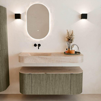 MONDIAZ THOR-DLUX Meuble de salle de bains 120cm arrondi gauche + droite couleur Shadow avec 1 tiroir et 2 portes. Vasque suspendue CLOUD Gauche sans trou de robinet couleur Saba.