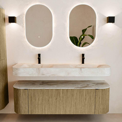 MONDIAZ THOR-DLUX 150cm meuble de salle de bains arrondi gauche + droite couleur Dusk avec 1 tiroir et 2 portes. Vasque suspendue CLOUD Double 2 trous de robinet couleur Frappe.