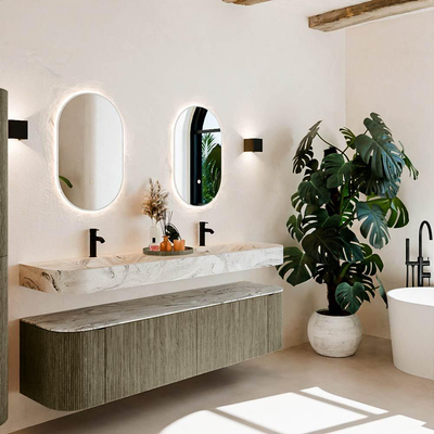 MONDIAZ THOR-DLUX 180cm meuble de salle de bains arrondi gauche + droite couleur Shadow avec 2 tiroirs et 2 portes. Vasque suspendue CLOUD Double 2 trous de robinet couleur Glace.