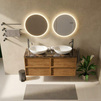 Saniclass Holz Frame Ensemble meuble de salle de bains - 140x45x63cm - Plan de travail en pierre naturelle Noche dark emperador - 2 trous de robinetterie - 4 tiroirs - chêne natural mat (bois)
