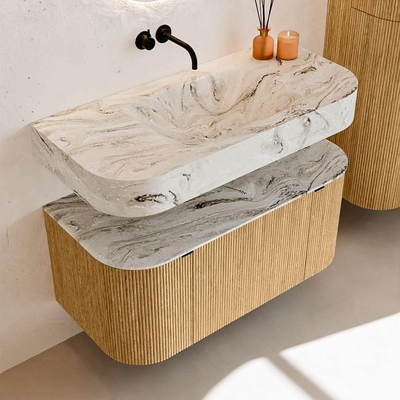 MONDIAZ THOR-DLUX 100cm meuble de salle de bains arrondi gauche + droite couleur Oak avec 1 tiroir et 2 portes. Vasque suspendue CLOUD Milieu sans trou de robinet couleur Glace.