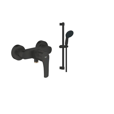 GROHE Eurosmart Ensemble de douche - avec levier - raccords en S - ensemble barre coulissante - douchette ronde - 2 types de jets - noir mat
