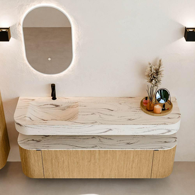 MONDIAZ THOR-DLUX 160cm badmeubel ronding links + rechts kleur Oak met 1 lade en 2 deuren. Vrijhangende wastafel CLOUD Links 1 kraangat kleur Nata.