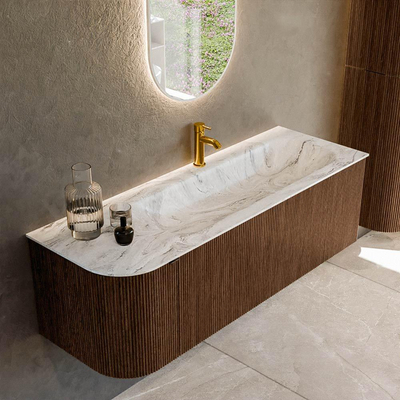 MONDIAZ KURVE-DLUX 135cm badmeubel met module 25 L kleur Walnut met 1 lade en 1 deur. Wastafel BIG MEDIUM rechts 1 kraangat kleur Glace.